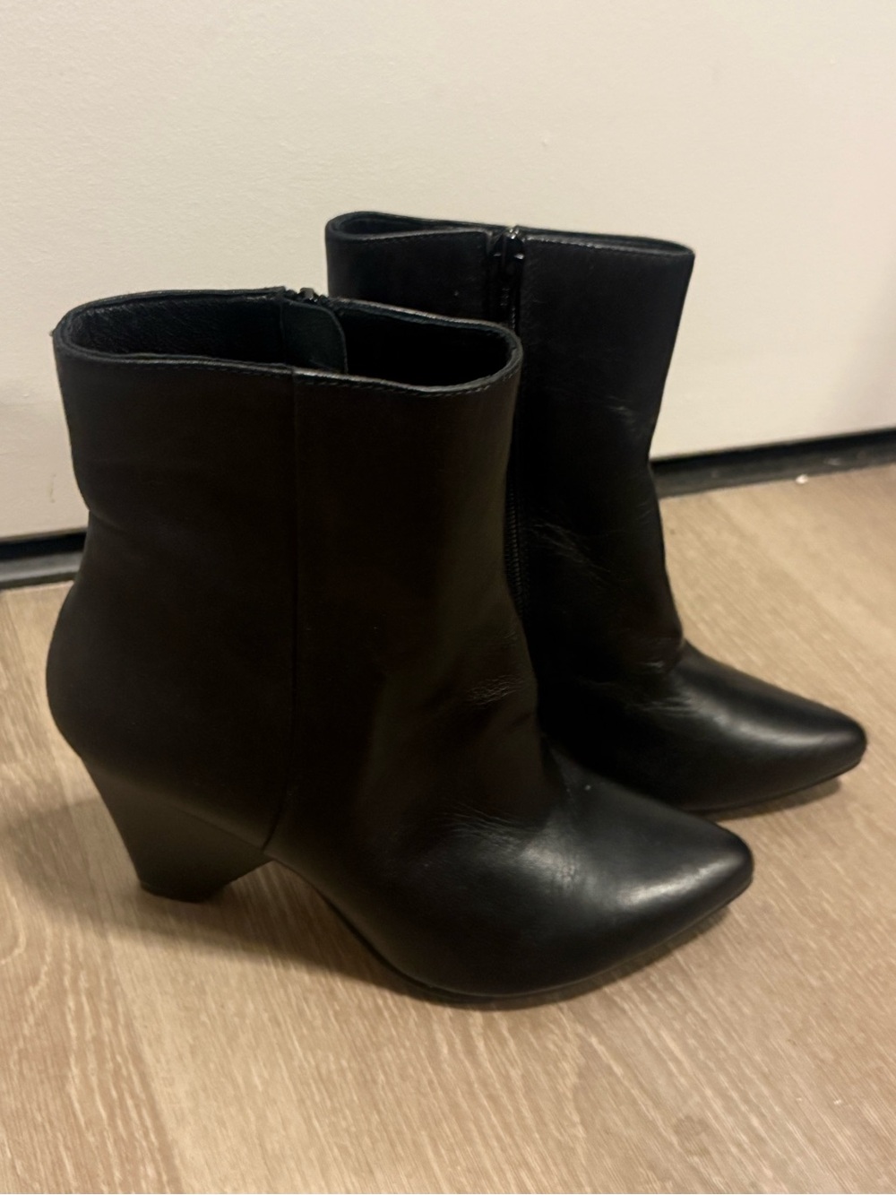 MARCELLA | Classic Black Leather Pointed Ankle Boots with Block Heel